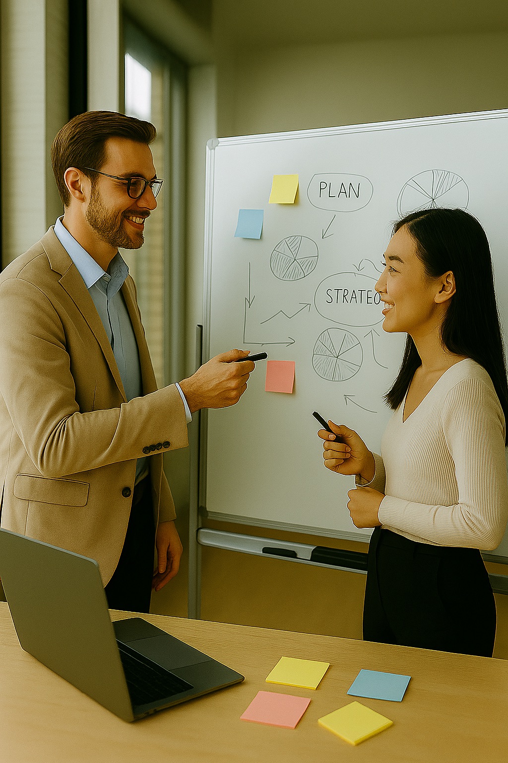 Startup founder and coach working together at a whiteboard in a coworking space